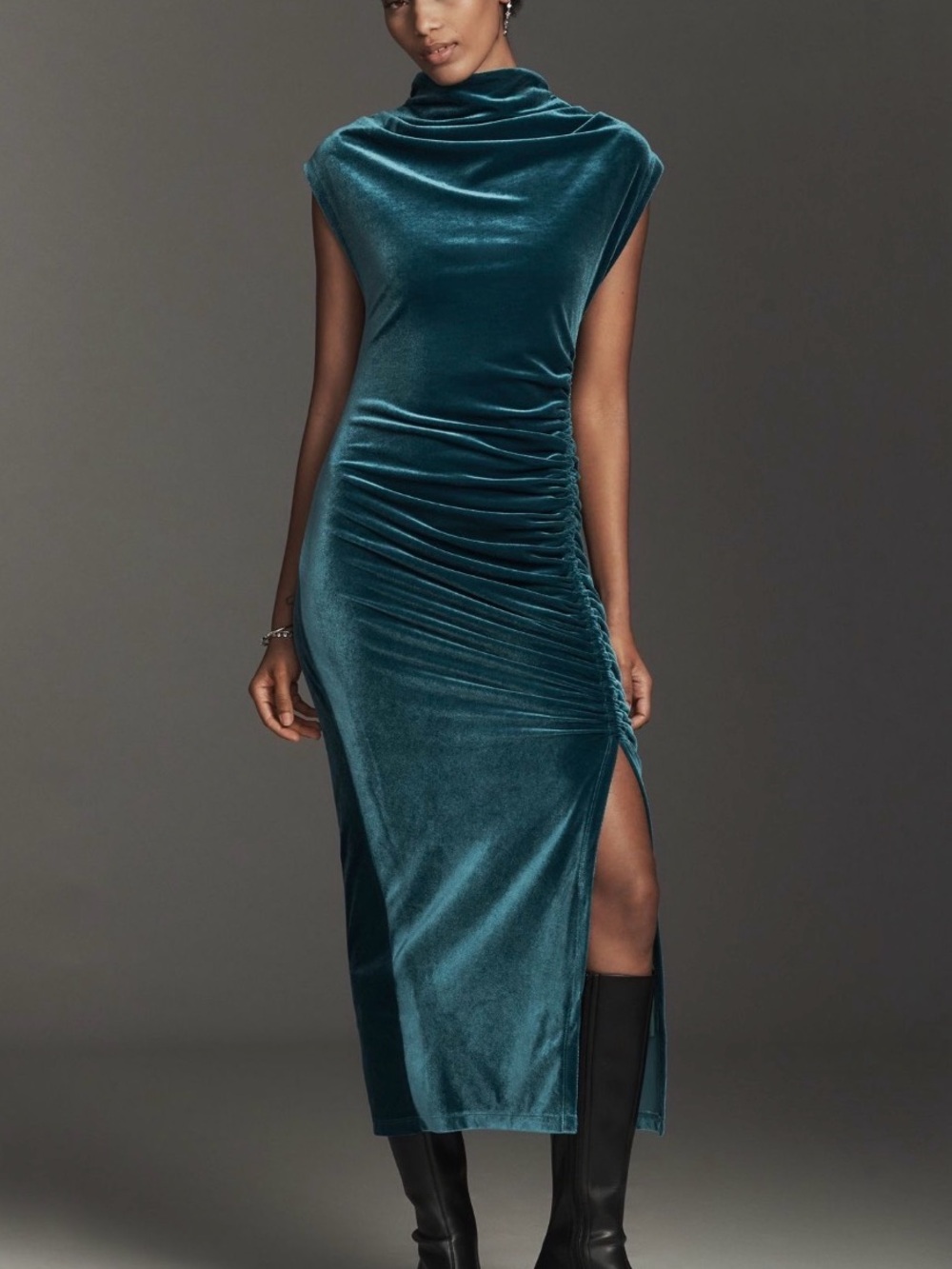 Anthropologie Maya Ruched Cowl Neck Midi Dress Velvet Turquoise Size Medium New